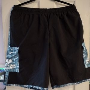 Mossy Oak Fishing Elements Swim Shorts Mens Size MEDIUM Black Aqua Blue Camo Nwt